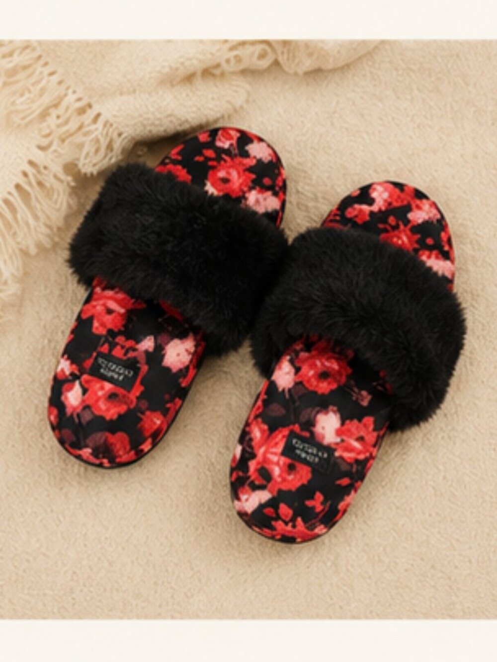 Victoria’s Secret Floral Faux Fur Slide Slippers Small | Cozy Glam Lounge Slides